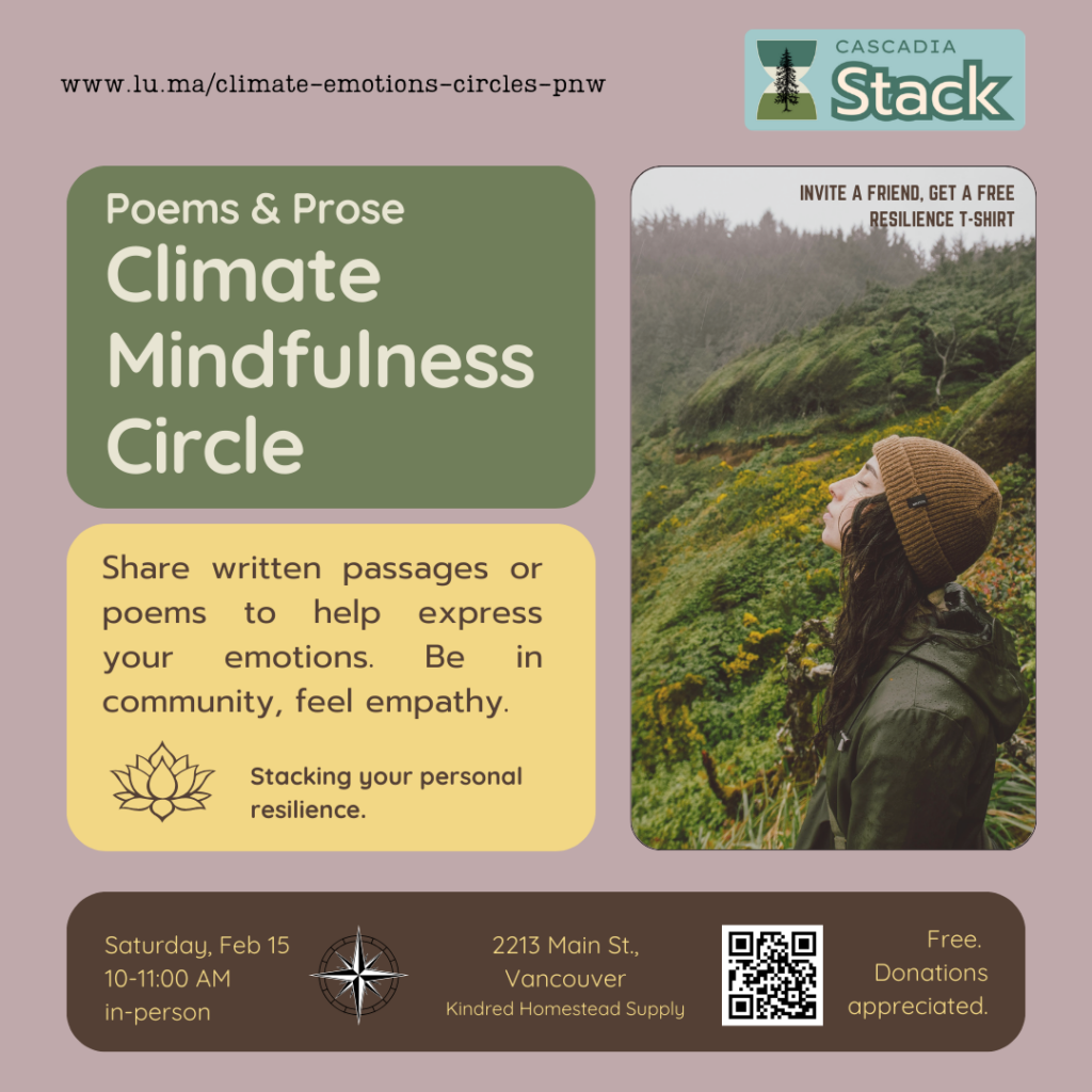 photo of a young woman on a moss-covered rocky hillside looking upwards. TEXT BLOCK READS: Climate Mindfulness Circle Poetry and Prose