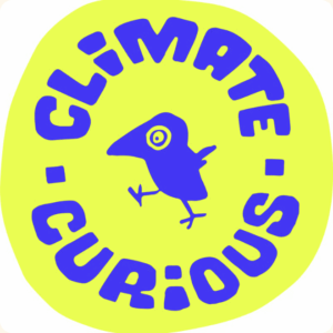 The words climate curious set in a circle with a bird in the center